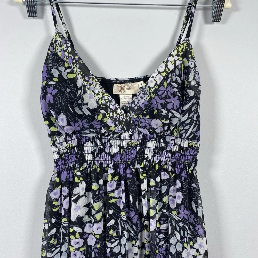 ROULETTE Smocked Black Purple Floral Dress Sz M Y2K Fairy Grunge Whimsigoth Maxi